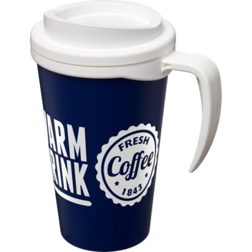 Promotional Americano Grande Thermal Mugs in Blue/White Printed with a Logo by Total Merchandise