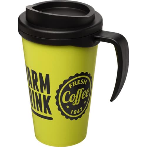Branded Americano Grande Thermal Mugs in Lime/Black Printed with a Logo by Total Merchandise