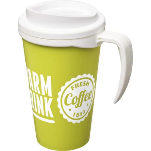 Branded Americano Grande Thermal Mugs in Lime/White Printed with a Logo by Total Merchandise