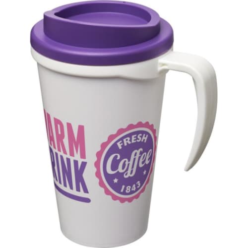 Branded Americano Grande Thermal Mugs in White/Purple Printed with a Logo by Total Merchandise