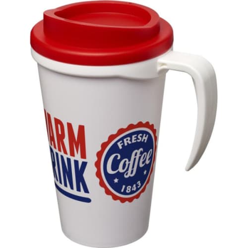 Branded Americano Grande Thermal Mugs in White/Red Printed with a Logo by Total Merchandise