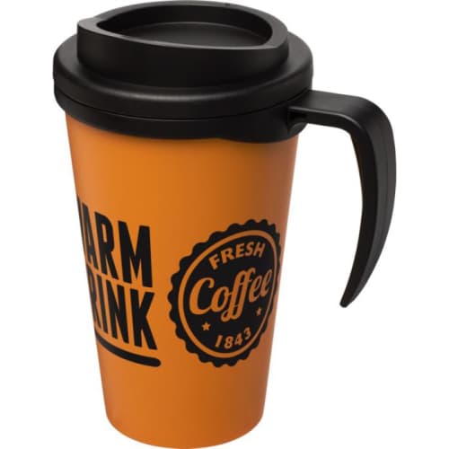 Promotional Americano Grande Thermal Mugs in Orange/Black Printed with a Logo by Total Merchandise