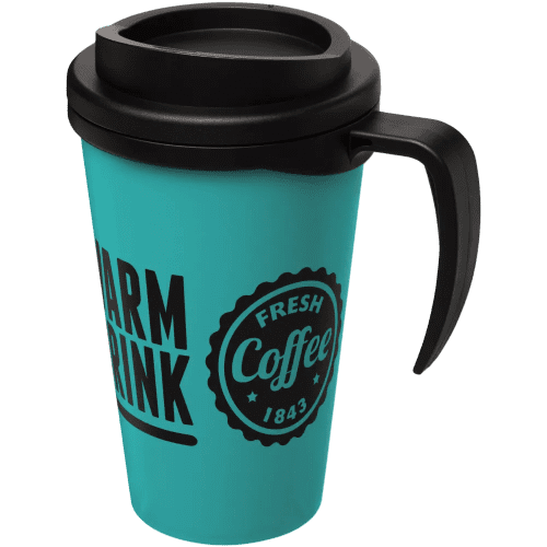 Custom Branded Americano Grande Thermal Mugs in Aqua/Black Printed with a Logo by Total Merchandise