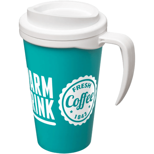 Branded Americano Grande Thermal Mugs in Aqua/White Printed with a Logo by Total Merchandise