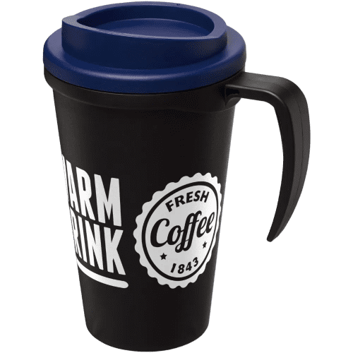 Promotional Americano Grande Thermal Mugs in Black/Blue Printed with a Logo by Total Merchandise