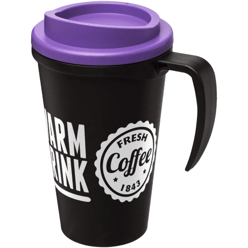 Branded Americano Grande Thermal Mugs in Black/Purple Printed with a Logo by Total Merchandise