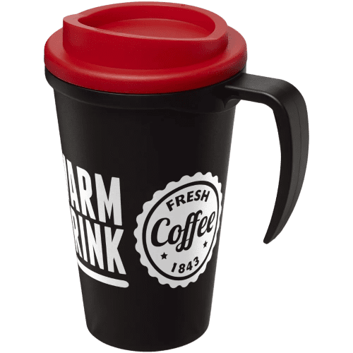Promotional Americano Grande Thermal Mugs in Black/Red Printed with a Logo by Total Merchandise