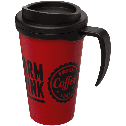 Custom Americano Grande Thermal Mugs in red with a black lid from Total Merchandise