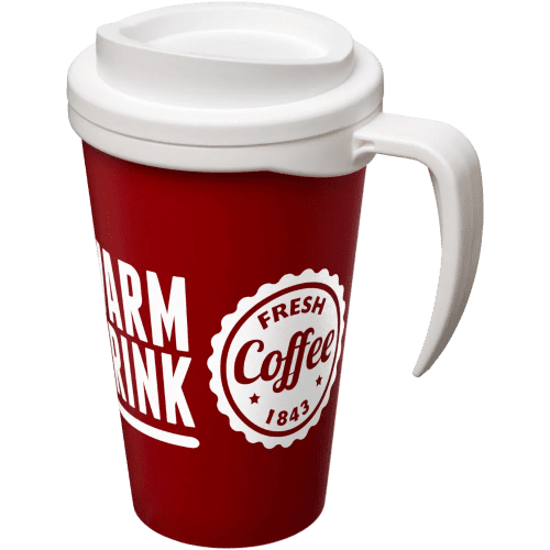 Promotional Americano Grande Thermal Mugs in Red/White Printed with a Logo by Total Merchandise