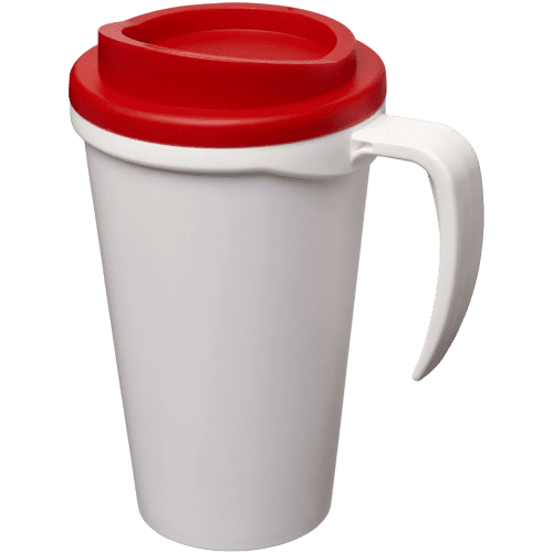 Branded Americano Grande Thermal Mugs in White/Red Printed with a Logo by Total Merchandise