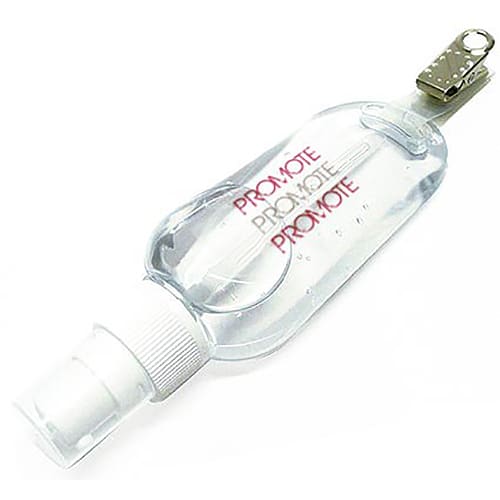 Custom branded 50ml Standard Clip Hand Sanitisers with a design printed to a label