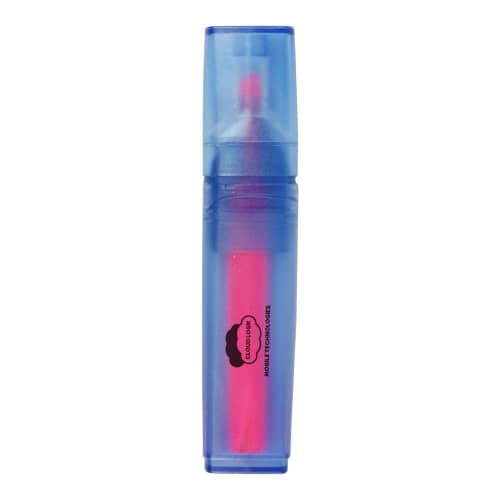 Branded Recycled Bottle Highlighter Pens in Translucent Blue with Pink Ink from Total Merchandise