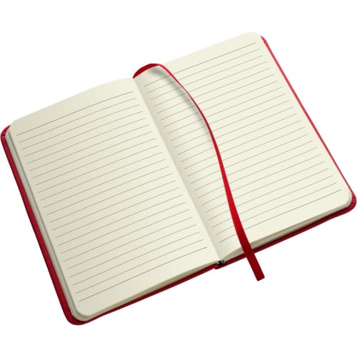 Custom branded notebooks with lined pages and ribbon markers from Total Merchandise