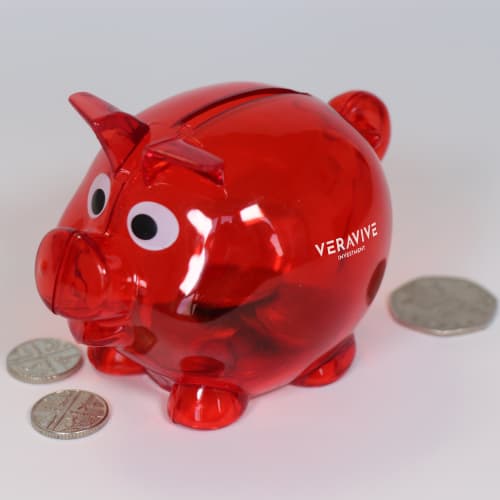 Lifestyle image of the Mini Translucent Piggy Banks from Total Merchandise
