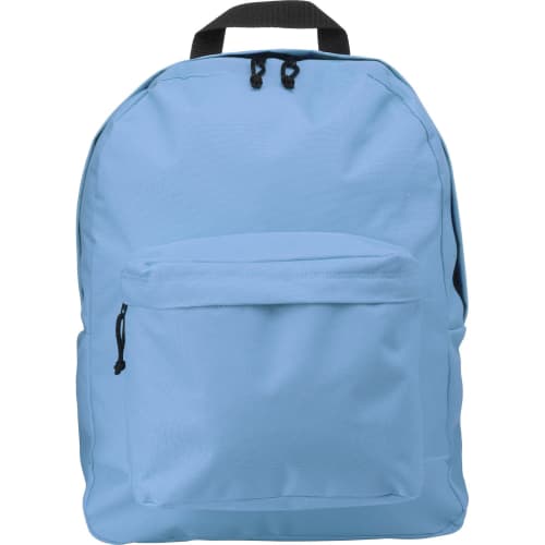 Branded light blue backpack printed with your logo from Total Merchandise