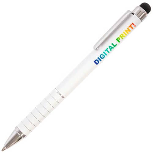 Branded soft stylus ballpens in white/black printed with your logo from Total Merchandise