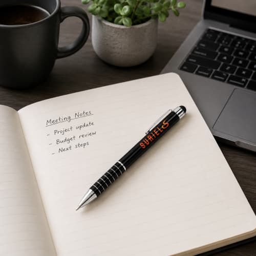 Lifestyle image of the Soft Stylus Metal Ballpens by Total Merchandise
