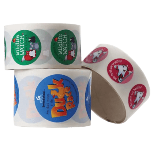 Reels of paper stickers branded with your corporate design from Total Merchandise