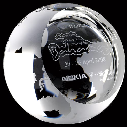 Promotional 80mm Crystal Globes with your custom engraved logo by Total Merchandise