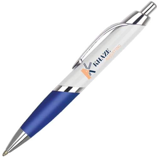 Promotional Spectrum Max Ballpens in White/Blue Printed with a Logo by Total Merchandise