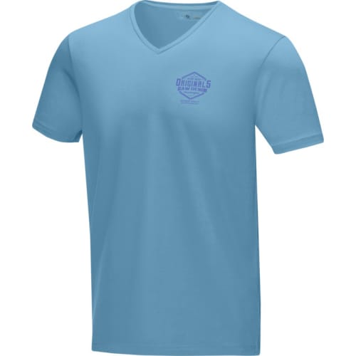 Promotional Men's V Neck Organic T-Shirts in NXT Blue Printed with a Logo by Total Merchandise