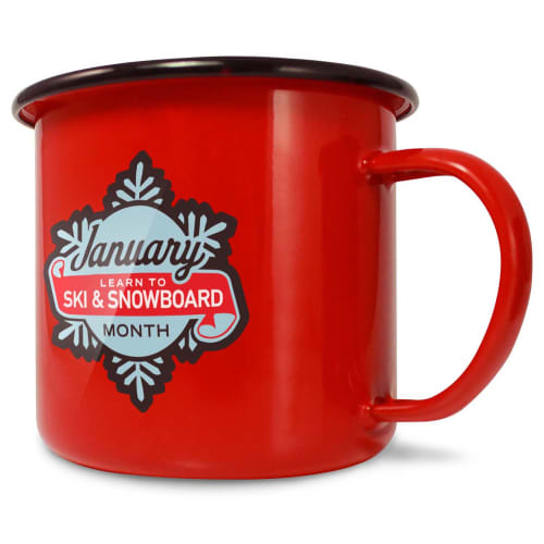 Custom printed Camping Enamel Mugs in red with black rim from Total Merchandise