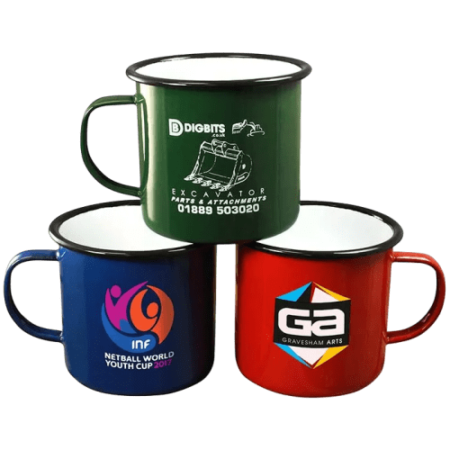 A selection of promotional 20oz Premium Enamel Mugs with a coloured rim from Total Merchandise