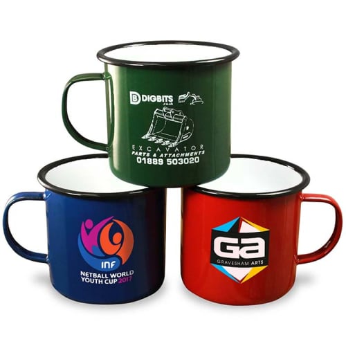 A selection of promotional 20oz Premium Enamel Mugs with a coloured rim from Total Merchandise