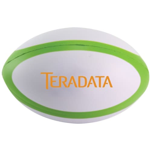 Customisable Stress Rugby Sports Balls in Green/White branded with your logo from Total Merchandise
