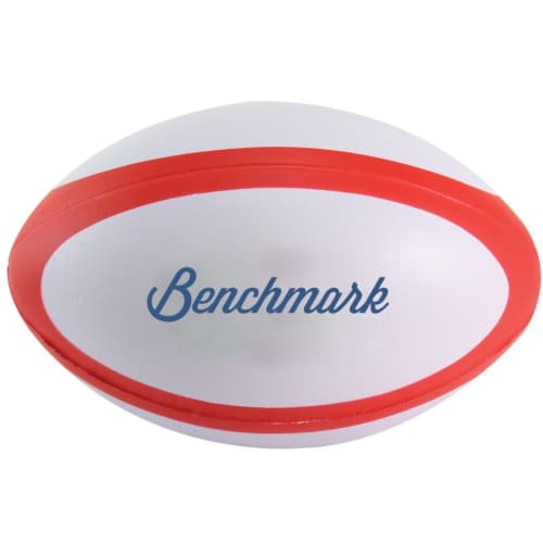 Personalisable Stress Rugby Sports Balls in Red/White branded with your logo from Total Merchandise