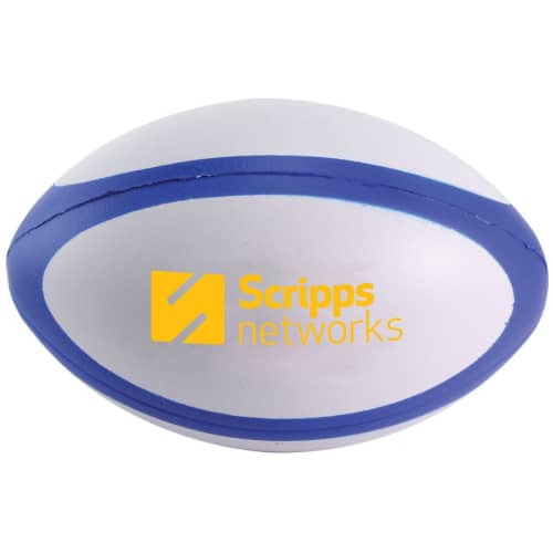 Custom Printed Stress Rugby Sports Balls in Blue/White branded with your logo from Total Merchandise