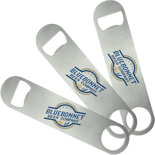 Custom branded Bar Blade Bottle Openers printed with a company design from Total Merchandise