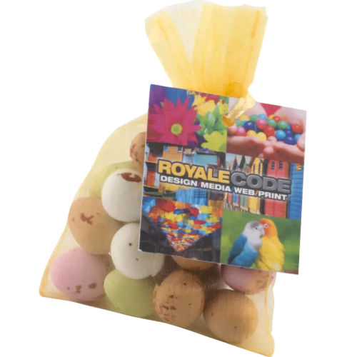 Branded Organza Bags with Mini Eggs Printed with Your Design to the Tag from Total Merchandise