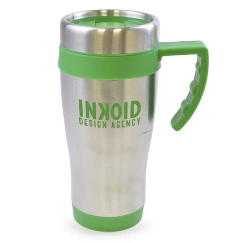 450ml Oregan Stainless Steel Travel Mugs in Silver/Green