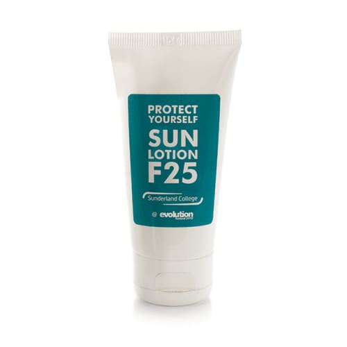 Custom Branded F25 Sun Lotion Tubes in White with Printed Label by Total Merchandise