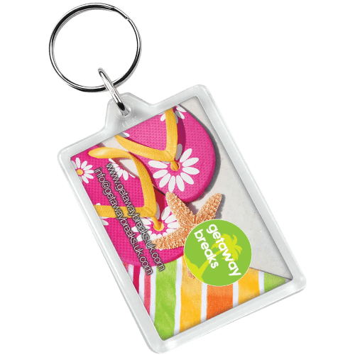 Full colour printed Plastic Rectangular Keyrings branded with a company logo from Total Merchandise
