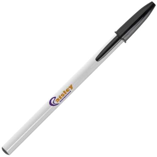 Promotional BiC Style Ballpens in Opaque White/Black with Logo from Total Merchandise