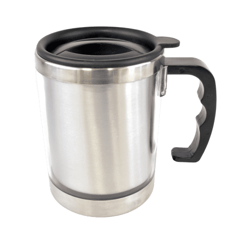 The sturdy finger grip handle on these branded travel mugs ensures customer comfort.