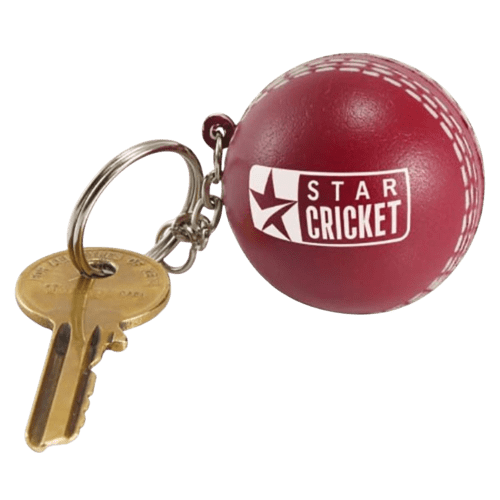 Logo Branded Stress Cricket Ball Keyrings in Burgundy printed with your logo from Total Merchandise