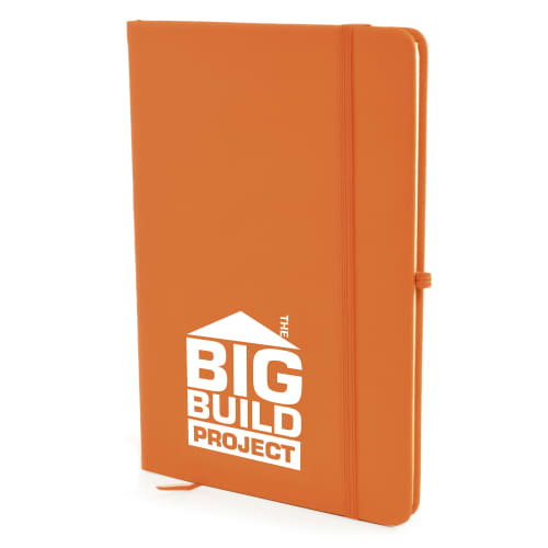 Promotional printed A5 Soft Touch PU Notebooks in amber available from Total Merchandise