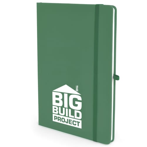 Logo branded A5 Soft Touch PU Notebooks in dark green available from Total Merchandise