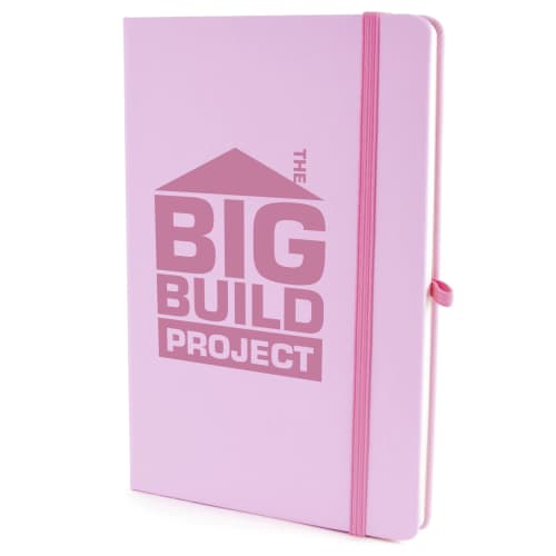 A5 Soft Touch PU Notebooks with a printed logo in pastel pink available from Total Merchandise