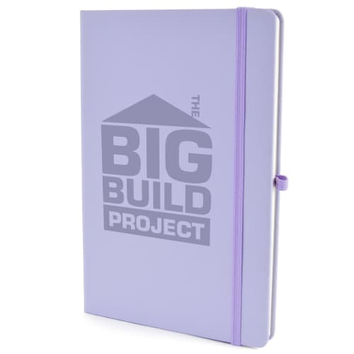 A5 Soft Touch PU Notebooks with a branded logo in pastel purple available from Total Merchandise