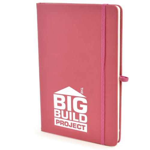 A5 Soft Touch PU Notebooks with a company logo in pink available from Total Merchandise