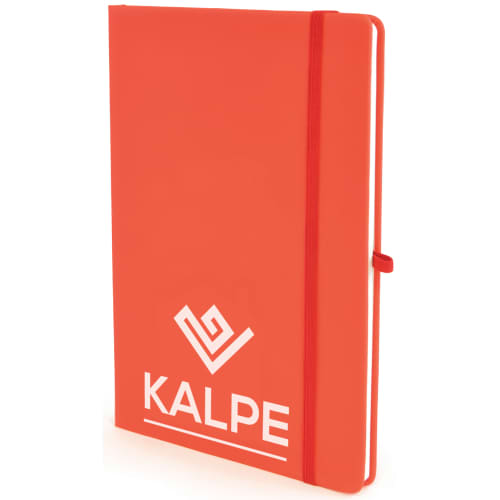 A5 Soft Touch PU Notebooks with a personalised logo in red available from Total Merchandise