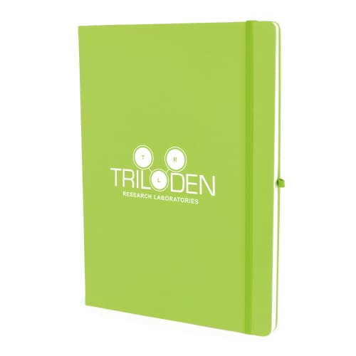 Corporate branded A4 Soft Touch PU Notebooks in green with a logo printed by Total Merchandise