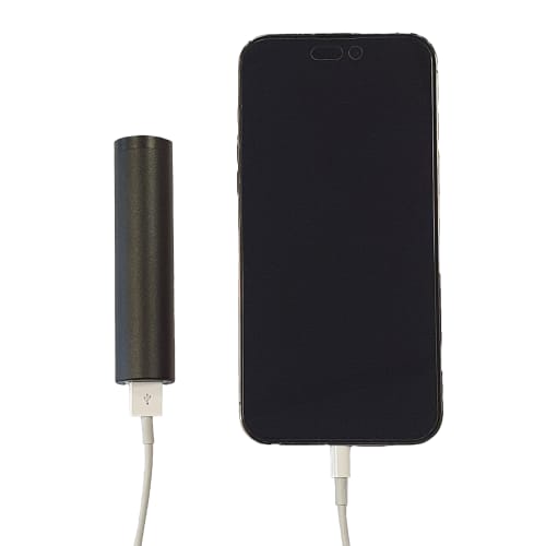 Custom Branded Express 2600mAh Tube Power Banks Charging a Mobile Phone at Total Merchandise