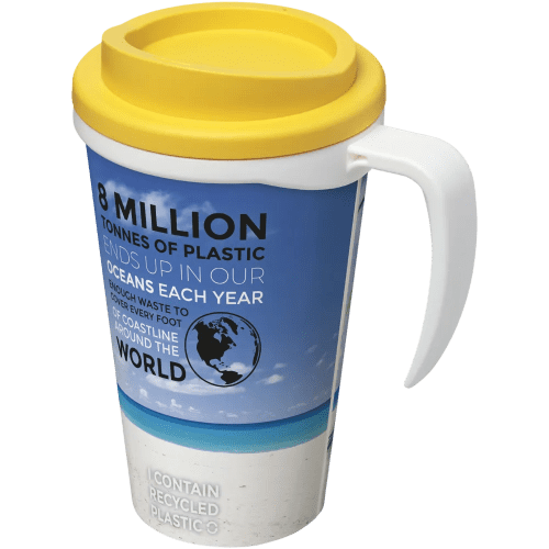 UK Printed Brite Americano Grande Travel Mugs with White Handle and Yellow Lid by Total Merchandise