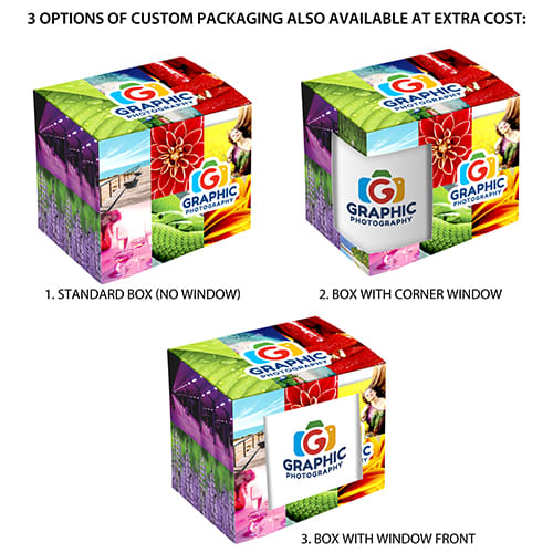Custom printed packaging options for full colour branded mugs from Total Merchandise