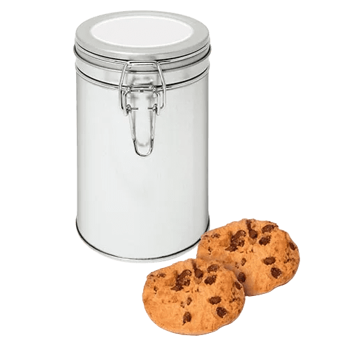 Custom Printed Chocolate Chip Cookie Tins in Silver Ready for Printing from Total Merchandise